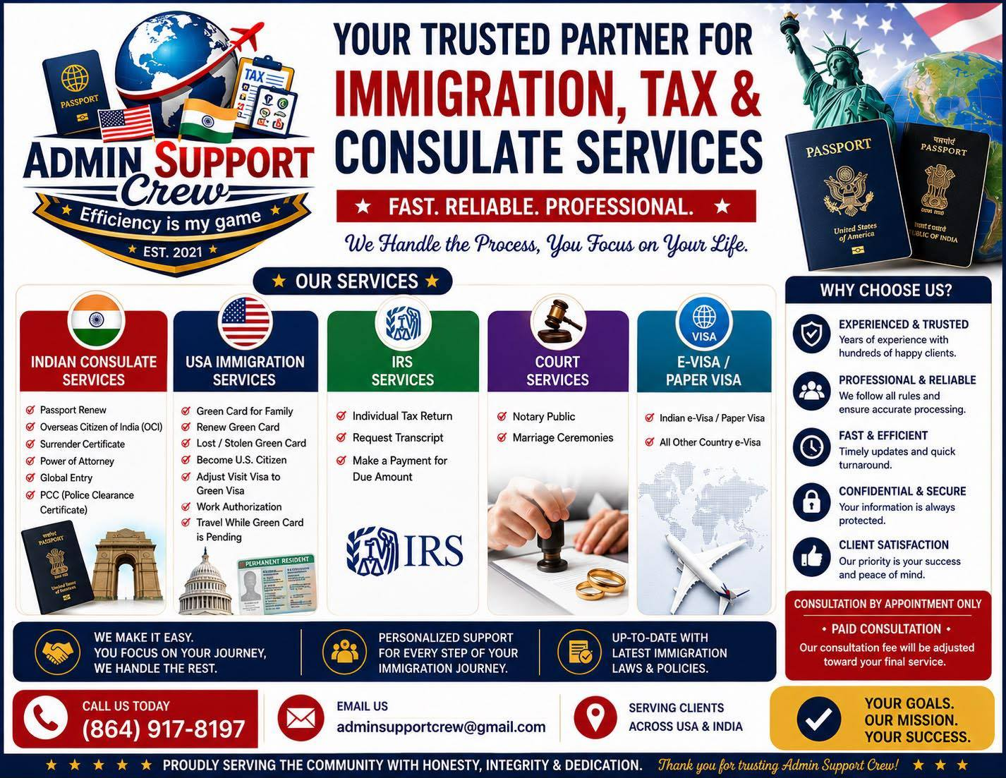 Full list of Admin Support Crew services across consulate, immigration, IRS, court and visa categories