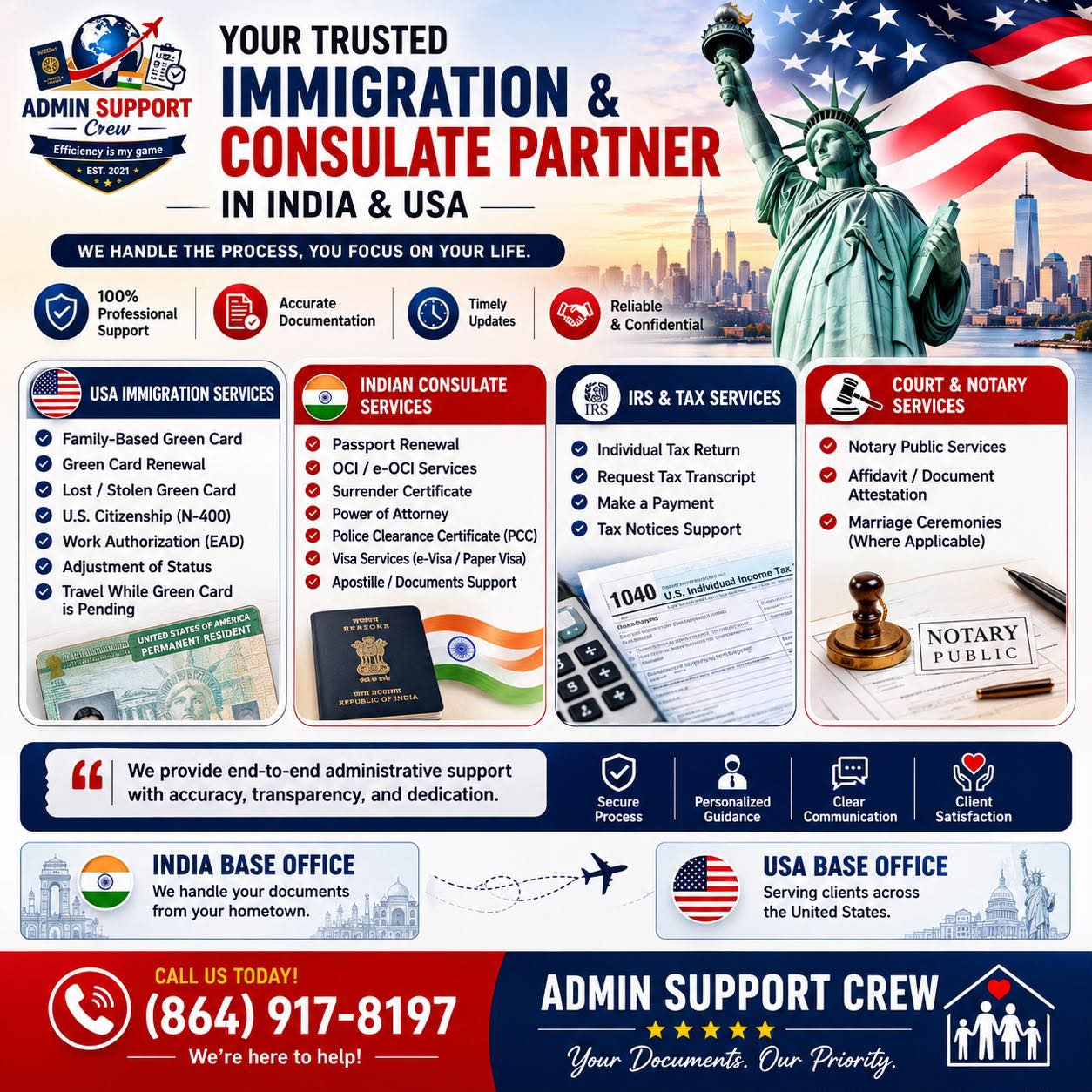 Admin Support Crew brand overview with office locations